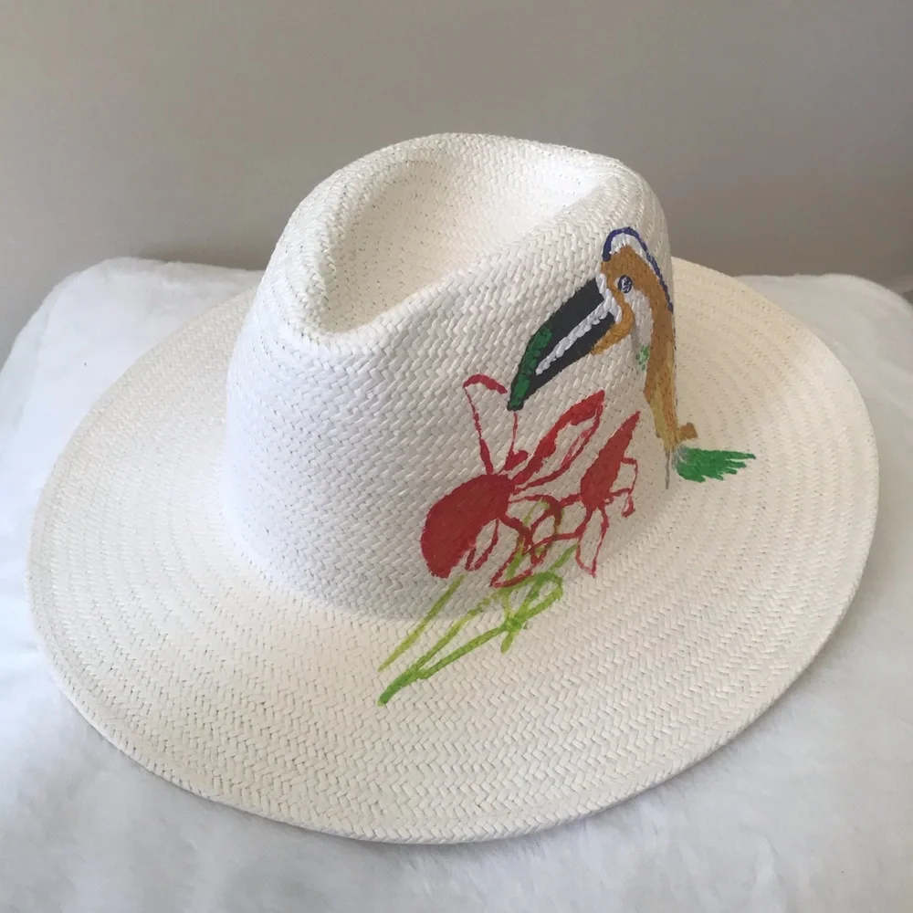 Onia Rosa Panama Hat w Hand Painted Toucan & Flower Detail Limited Edition NWT